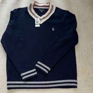 NWT Nautica Men's V-Neck Sweater in Navy with intricate trim